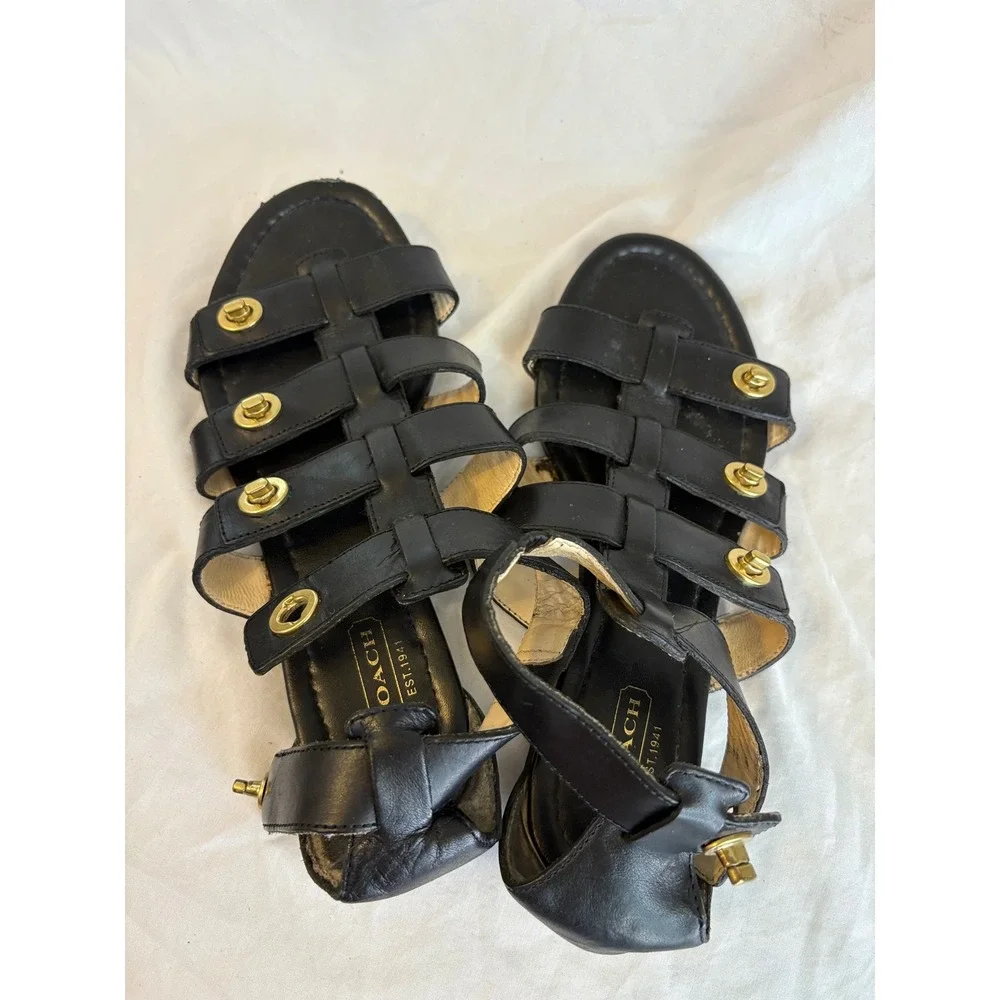 Coach Oleta Black Leather Turnlock Gladiator Sandals Womens 6.5B Q1394 F2370